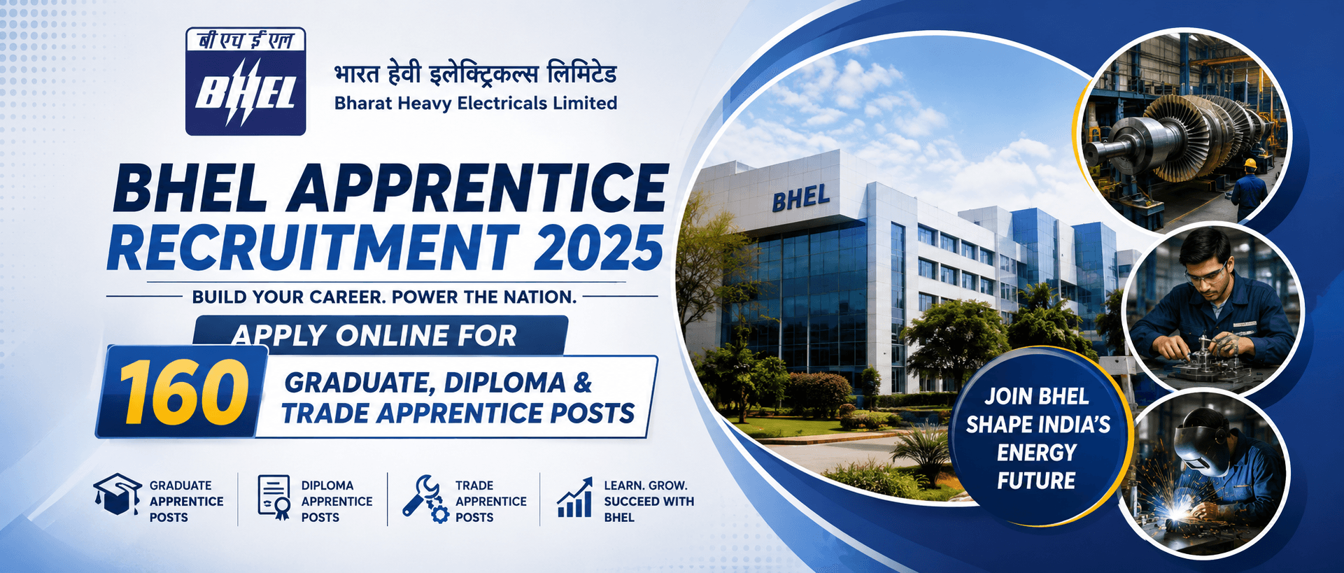 BHEL Apprentice Recruitment 2025 – Apply Online for 160 Graduate, Diploma & Trade Apprentice Posts